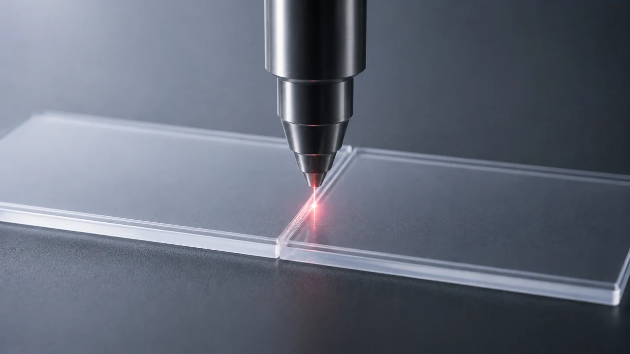 Illustration of a laser joining transparent plastic sheets.