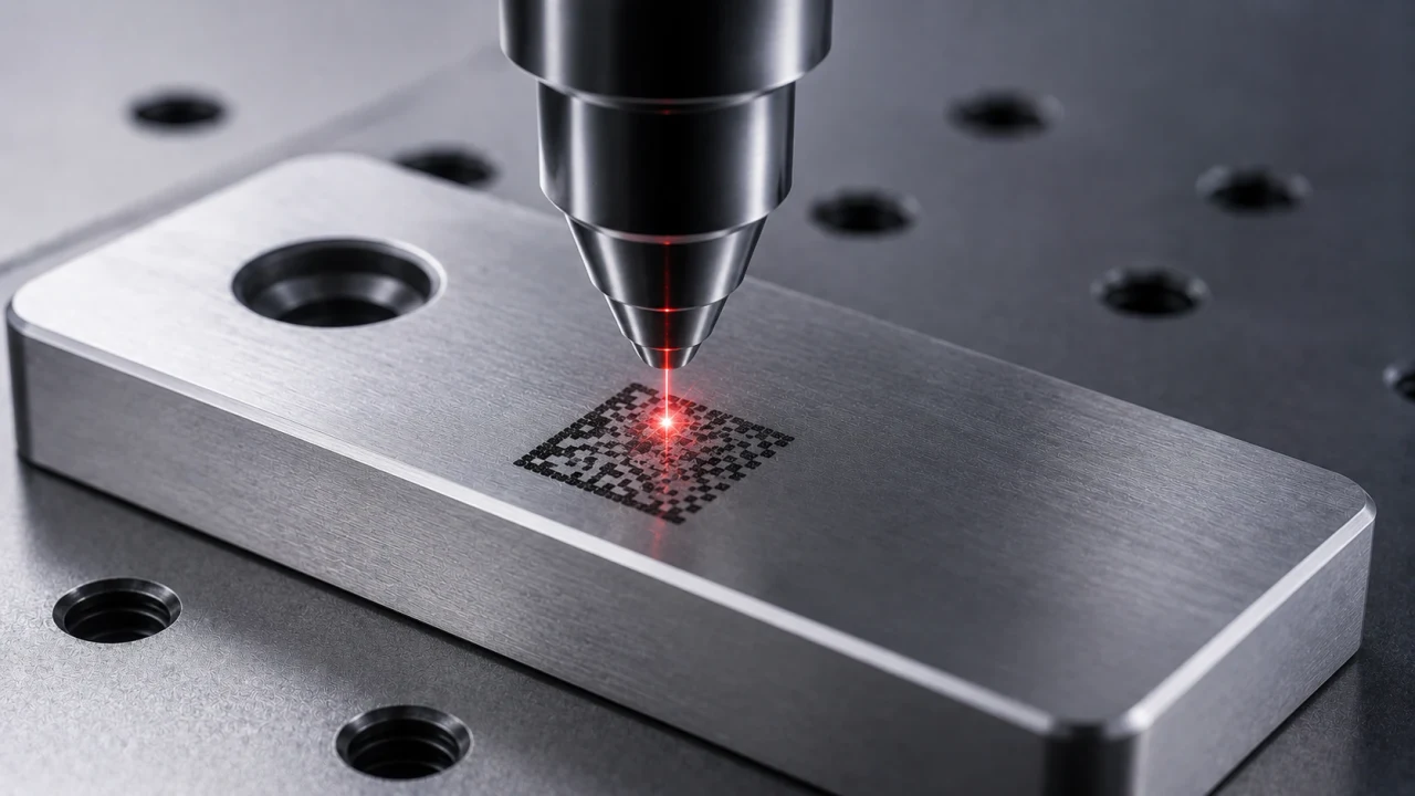 High-contrast laser marking on a metal component.