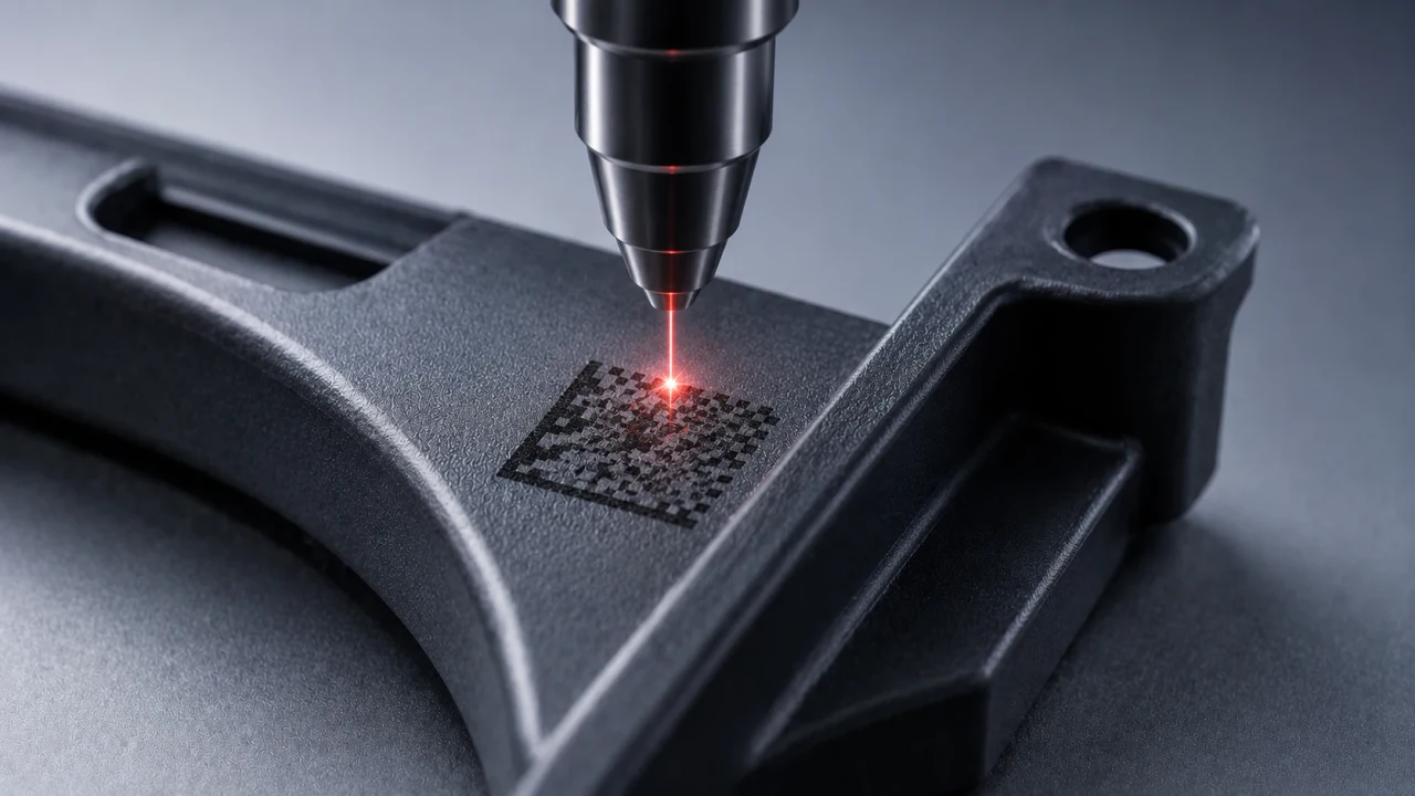 Fine laser marking on a plastic surface.