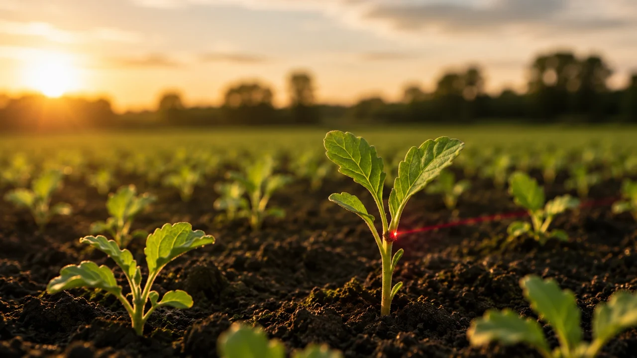 Focused laser beam targeting a weed in an agricultural field.